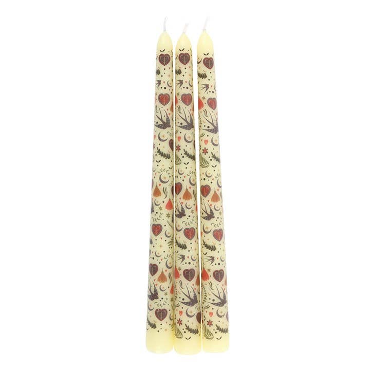 Set of 3 Cream Folk Floral Print Taper Candles